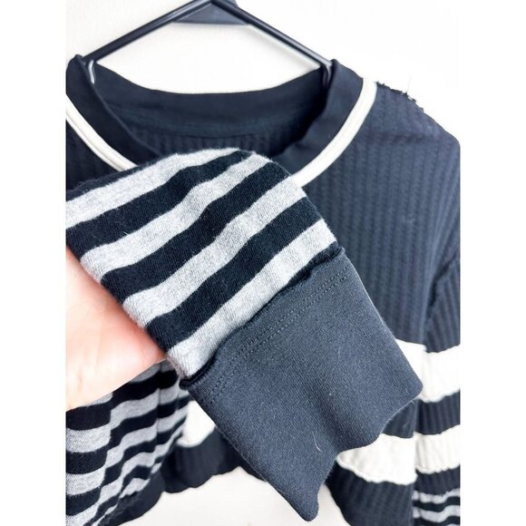 We The Free Game On Micro Crop Sweater Striped Womens Medium Black Cream - Picture 6 of 9